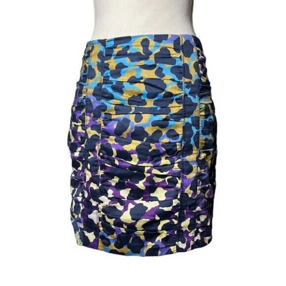 Nanette Lepore Multi color Print Skirt Navy Cream Purple Blue Ruched Size 6 - Picture 1 of 9